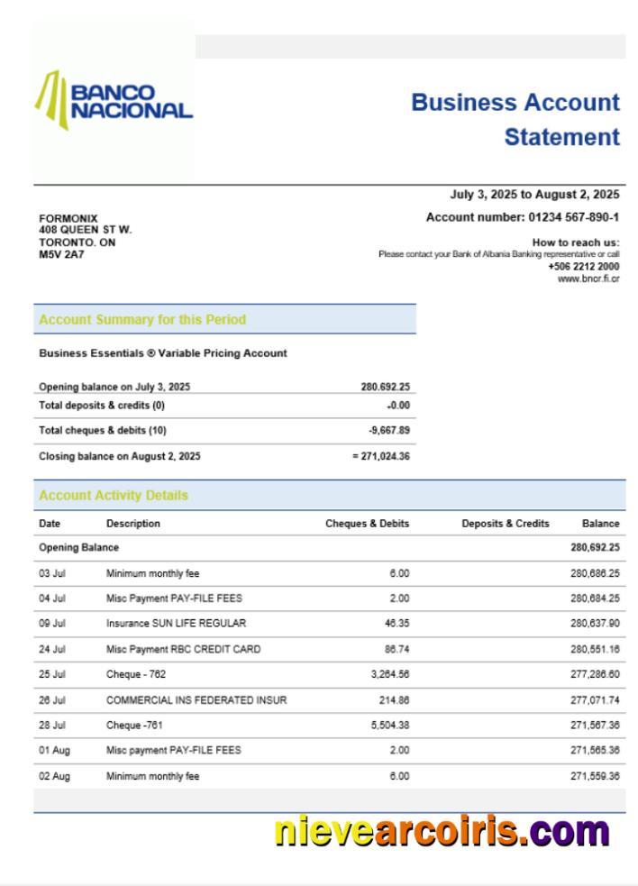 Costa Rican Banco Nacional de Costa Rican business bank  company account statement